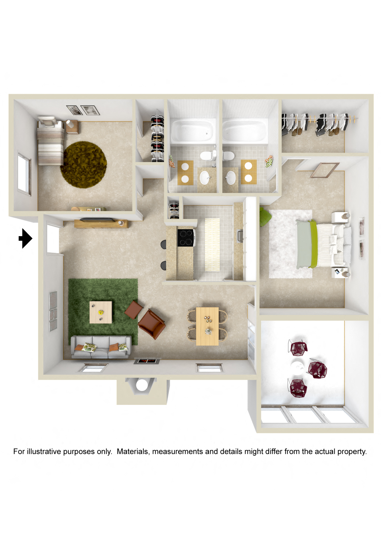 Floor plan for 2 beds, 2 baths, 992 sqft